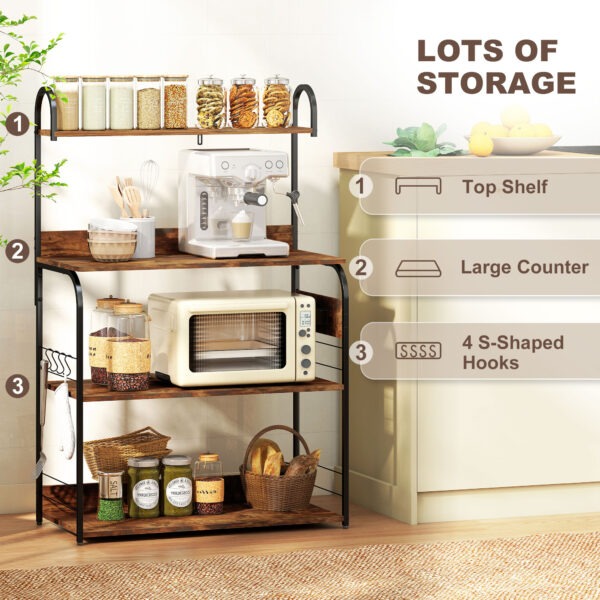 Baker's Rack with Charing Station, Microwave Shelf with Power Outlet, USB Charger and 4 Hooks, Rustic Brown
