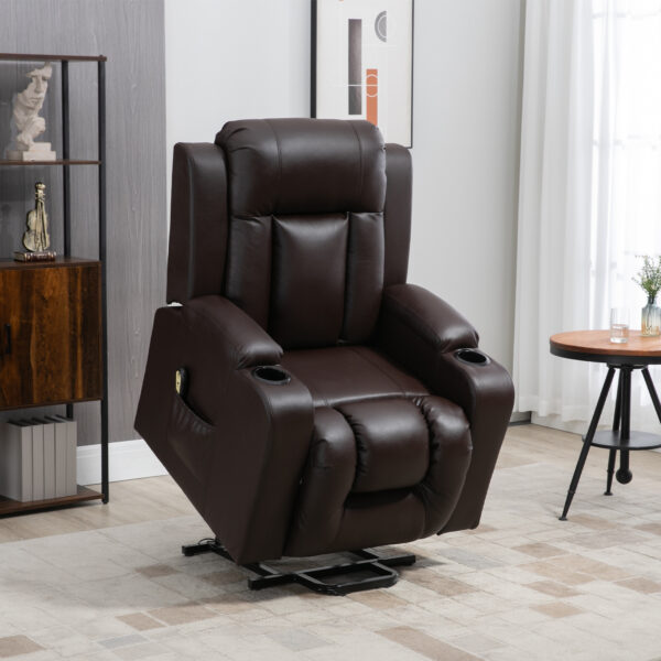 Electric Power Lift Chair, PU Leather Recliner Sofa with Footrest, Remote Control and Cup Holders, Brown