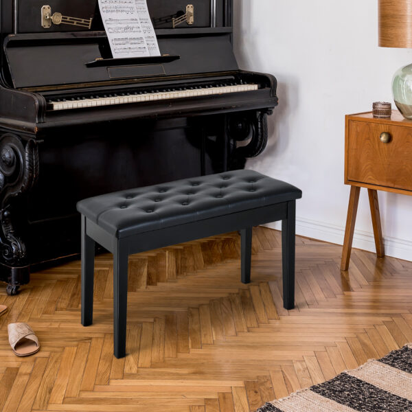 30" Piano Bench with Padded Cushion and Storage, Faux Leather Keyboard Bench with Solid Wood Legs, Black