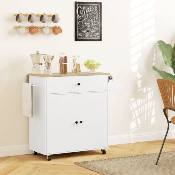 Cb150719bf8e71359.jpg Rolling Kitchen Island with Drop Leaf, Kitchen Storage Cart with Drawer, Spice Rack and Towel Rack, White