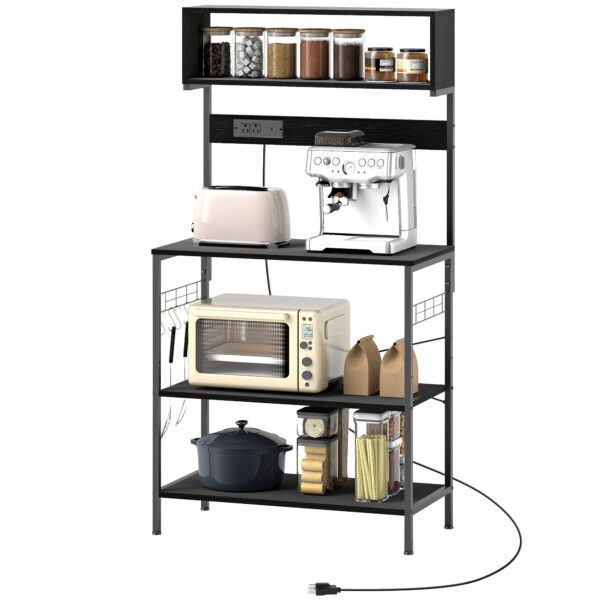 Black baker’s rack with charging station, shelves, and 5 hooks.