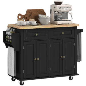Rolling Kitchen Island with Rubber Wood Top and Storage, Spice Rack, Towel Rack, Black