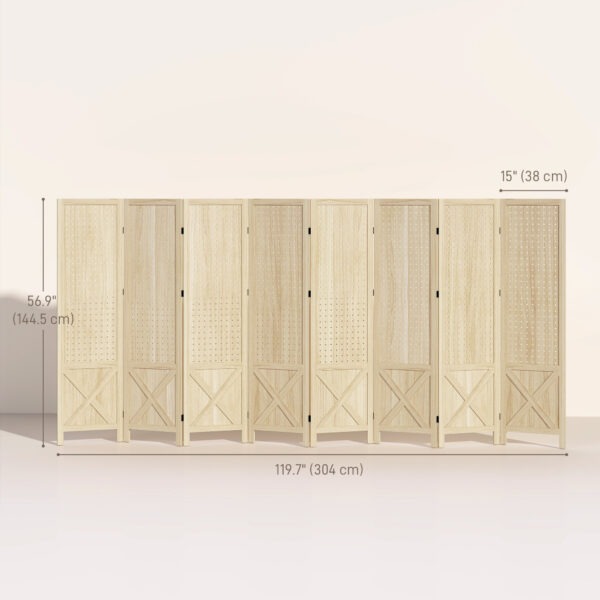 Wooden Room Divider with Pegboard Display, 8 Panel Folding Privacy Screen for Home Office, Natural Wood