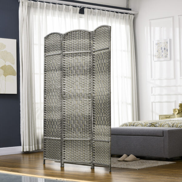 6 Ft Tall Folding Room Divider, 3 Panel Portable Privacy Screen, Hand-Woven Partition Wall Divider, Mixed Grey