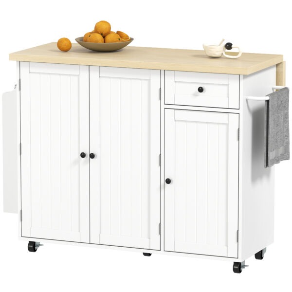 Kitchen Island Cart, Rolling Kitchen Island Table with Drop Leaf, Drawer, Spice and Towel Rack, White