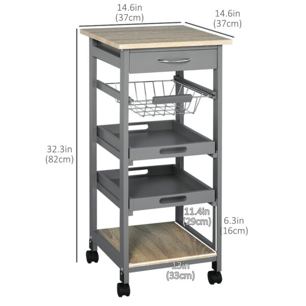 Rolling Kitchen Island Cart, Mobile Utility Storage Cart with Drawer, Wire Storage Basket, Removable Tray, Grey