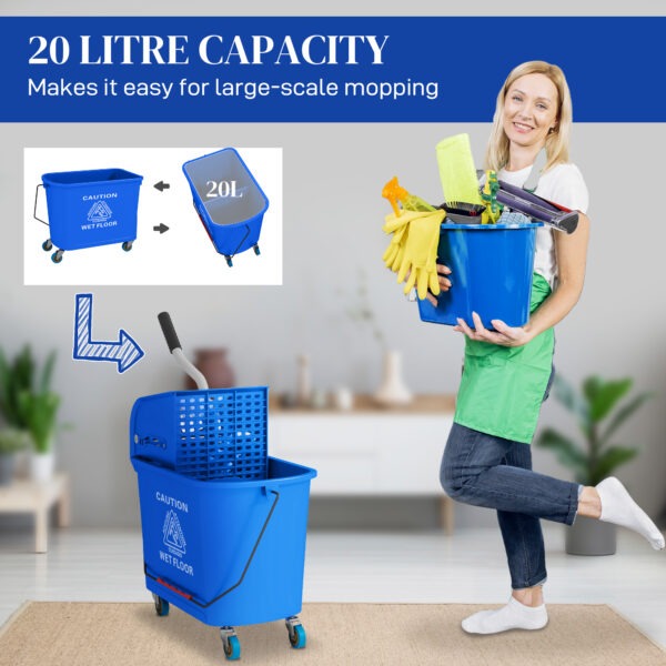 Compact Mop Bucket with Wringer, Mop Bucket on Wheels for Floor Cleaning, 5 Gallon, Separate Dirty and Clean Water, Blue