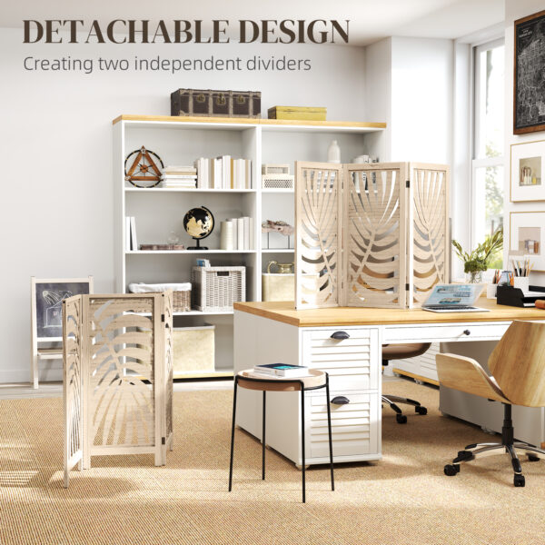 FF562119491e47ad9.jpg 3 Panel Room Divider, Detachable Folding Privacy Screens with Palm Leaf Design for Home Office, Natural Wood Finish