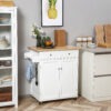 Rolling Kitchen Island with Storage, Kitchen Cart with Rubber Wood Top, Adjustable Shelf, Towel Rack, Hooks and Storage Drawers, White