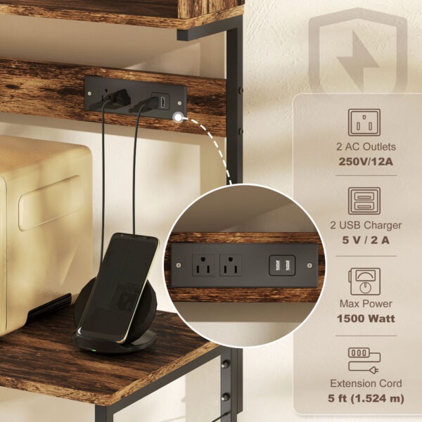 Baker's Rack with Charing Station, Microwave Shelf with Power Outlet, USB Charger and 5 Hooks, Rustic Brown