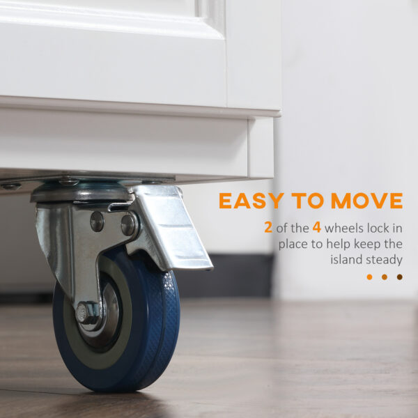 Kitchen Island with Storage, Rolling Kitchen Island with Drop Leaf, Rubber Wood Top and Adjustable Shelves, White