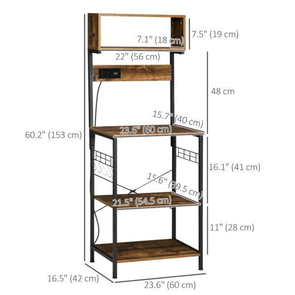 Baker's Rack with Charing Station, Microwave Shelf with Power Outlet, USB Charger and 5 Hooks, Rustic Brown