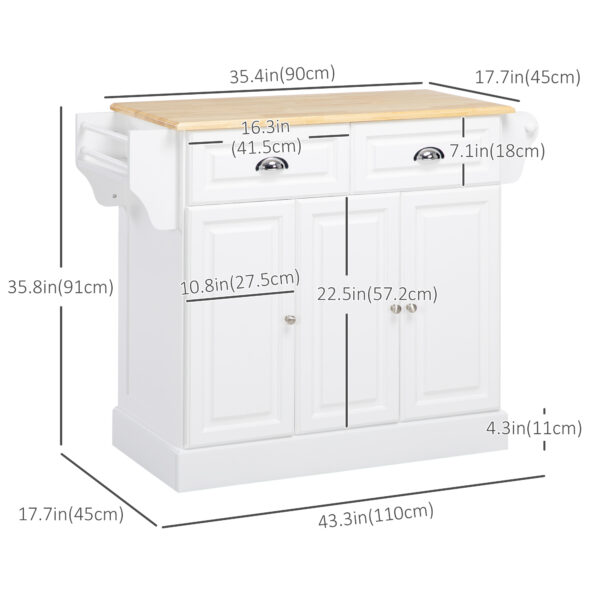 Kitchen Island With Storage Rolling Kitchen Serving Cart with Rubber Wood Top Towel Rack Storage Drawer Cabinet, White