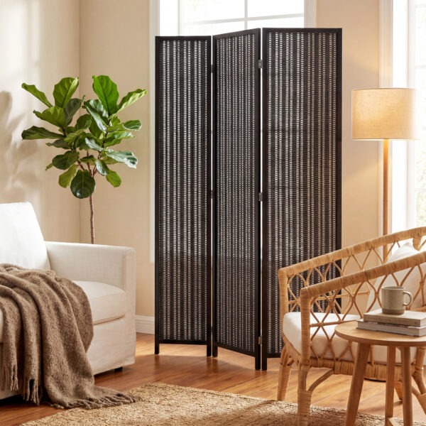 Folding Privacy Screen, 3 Panel Room Divider, Freestanding Partition with Handwoven Bamboo and Pine Wood Frame, Black