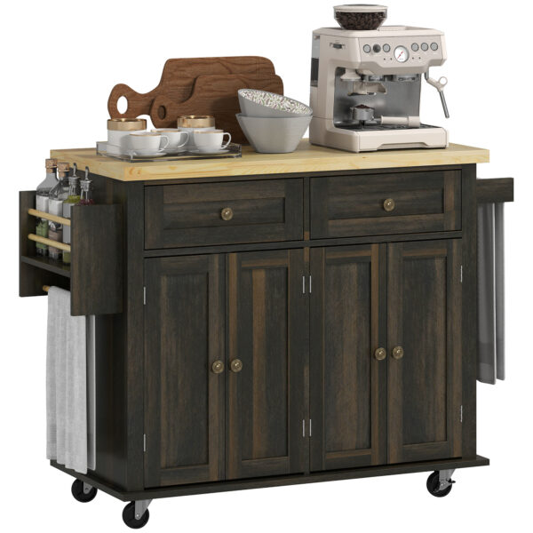 FoUbe019a2893c568.jpg Kitchen Island with Storage, Rolling Trolley Cart with Rubber Wood Top, Spice Rack, Towel Rack, Brown Oak