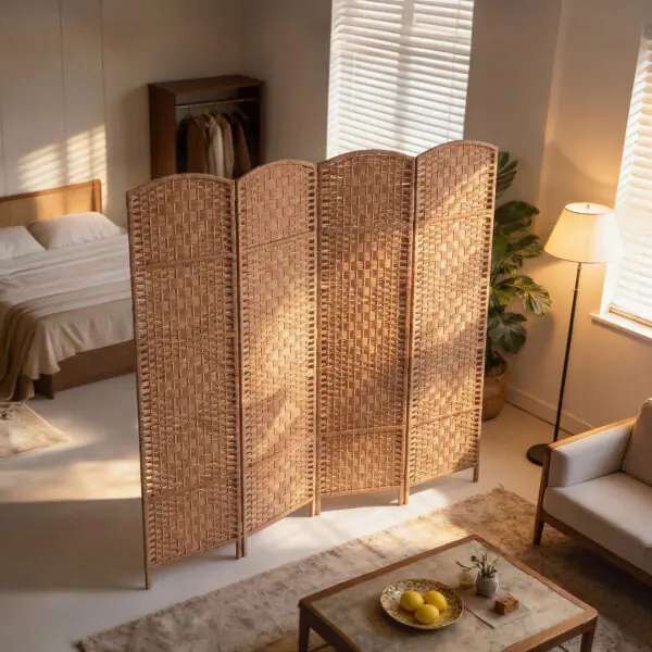 GS2c9819c4c9411d3.jpg 6ft Folding Room Divider, 4 Panel Wall Partition with Wooden Frame for Bedroom, Home Office, Natural