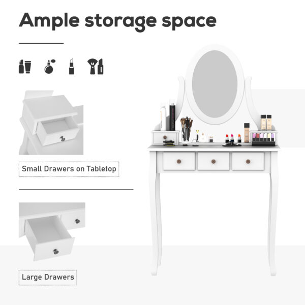 Wooden Vanity Table Set, Makeup Dressing Table with 360° Rotating, 5 Drawers and Padded Stool, White