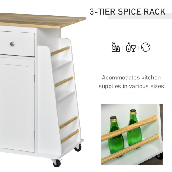 Rolling Kitchen Island Trolley Storage Cart with Rubber Wood Top, 3-Tier Spice Rack, Towel Rack Home Kitchen Carts, White