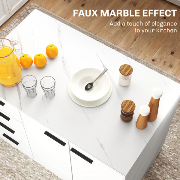 Kitchen Island with Storage Cabinet, 4 Drawers and Adjustable Shelf for Dining Room, Faux Marble Effect and White