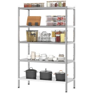 Bakers Rack, 5-Tier Stainless Steel Kitchen Storage Shelf with Adjustable Heights for Spices, Pots and Pans, Silver