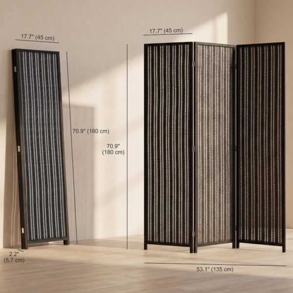 Folding Privacy Screen, 3 Panel Room Divider, Freestanding Partition with Handwoven Bamboo and Pine Wood Frame, Black