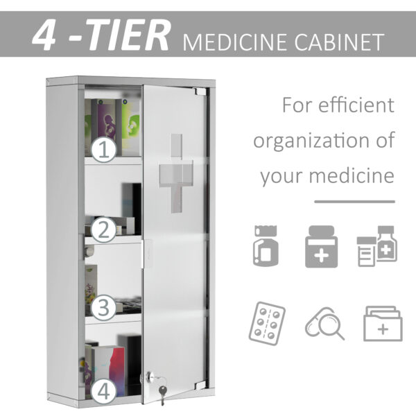 Wall Mount Medicine Cabinet, Bathroom Cabinet with 4 Tier Shelves, Stainless Steel Frame and Glass Door, Lockable with 2 Keys, Silver, 12" x 23.5"