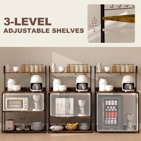 Baker's Rack with Charing Station, Microwave Shelf with Power Outlet, USB Charger and 4 Hooks, Rustic Brown