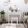 Wooden Vanity Table Set, Makeup Dressing Table with 360° Rotating, 5 Drawers and Padded Stool, White