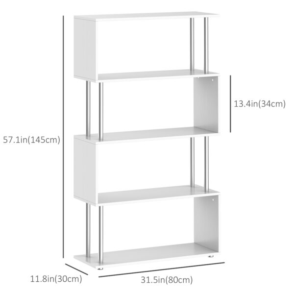 5-Tiers Geometric Wooden Bookcase S-Shaped Storage Bookshelf Display with Metal Frame for Living Room, Bedroom, Home Office, White