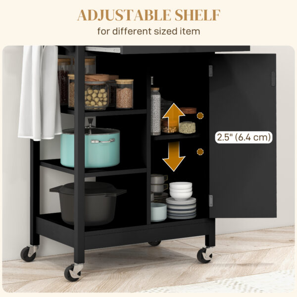 Modern Rolling Kitchen Island Cart with Drawer, Natural Wood Top, Towel Rack, Door Storage Cabinet, Black