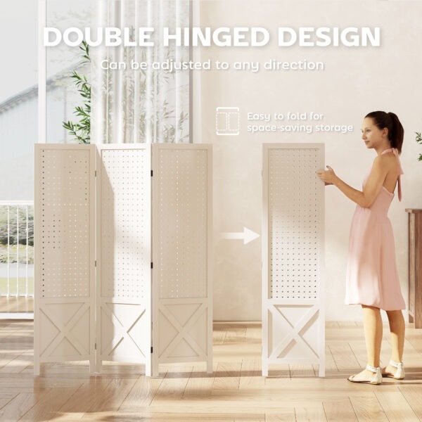 56.9" 3 Panel Wooden Room Divider with Pegboard Display, Folding Privacy Screen for Home Office, White