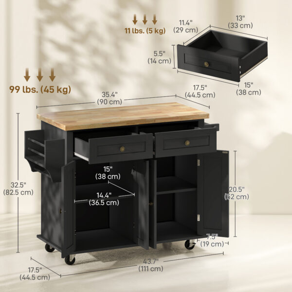 ILv3c719a2f2ba78f.jpg Rolling Kitchen Island with Rubber Wood Top and Storage, Spice Rack, Towel Rack, Black