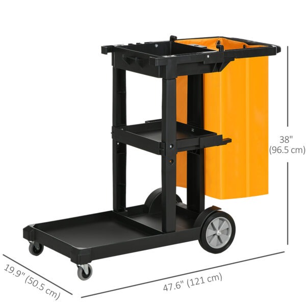Janitorial Cart with 3 Shelves, Cleaning Cart on Wheels with Rubbish Bag and Mop Holders for Hotel, Housekeeping, Black