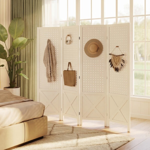 J8w60419c52979301.jpg 56.9" 4 Panel Wooden Room Divider with Pegboard Display, Folding Privacy Screen for Home Office, White