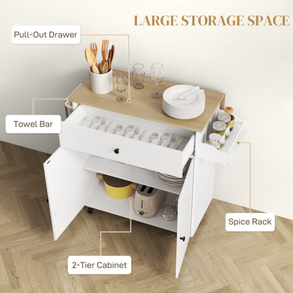 JNw7a719bf8e71359.jpg Rolling Kitchen Island with Drop Leaf, Kitchen Storage Cart with Drawer, Spice Rack and Towel Rack, White