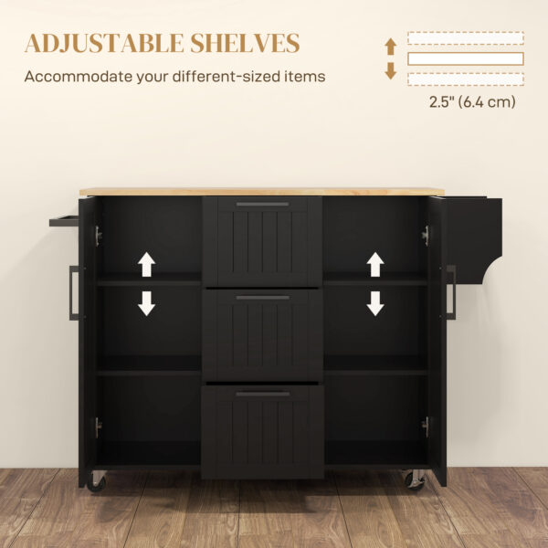 Rolling Kitchen Cart on Wheels with Drop Leaf, Kitchen Island with 3 Drawers, Solid Wood Top and Towel Rack, Black