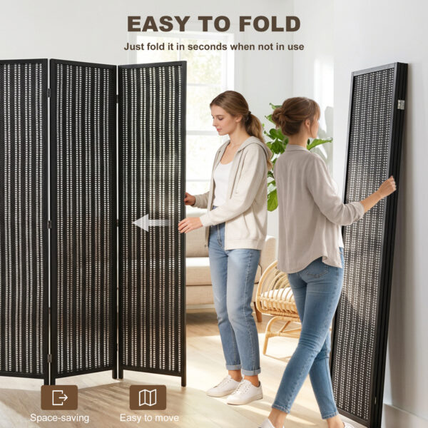 Folding Privacy Screen, 6 Panel Room Divider, Freestanding Partition with Handwoven Bamboo and Pine Wood Frame, Black