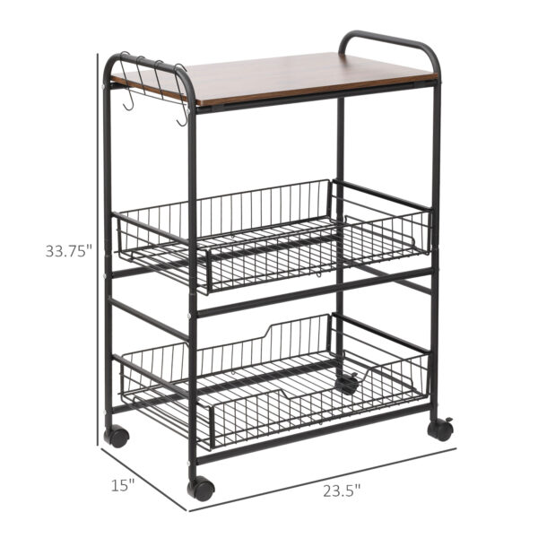 Jpj0f9194959e56c6.jpg Rolling Kitchen Cart, 3-Tier Utility Storage Cart with 2 Basket Drawers & Side Hooks, Lockable Casters for Dining Room