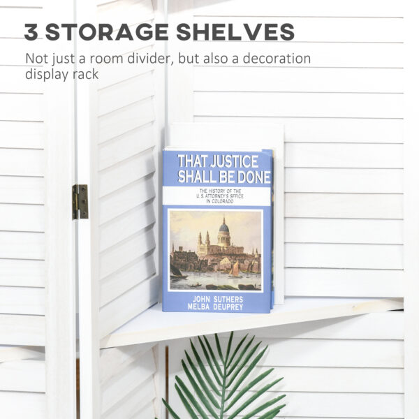 4-Panel Wall Partition Room Separator with 3 Storage Shelves Foldable Design Wooden Frame 5.6FT White