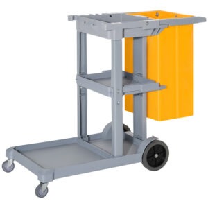 Janitorial Cart with 3 Shelves, Cleaning Cart on Wheels with Rubbish Bag and Mop Holders for Hotel, Housekeeping, Grey
