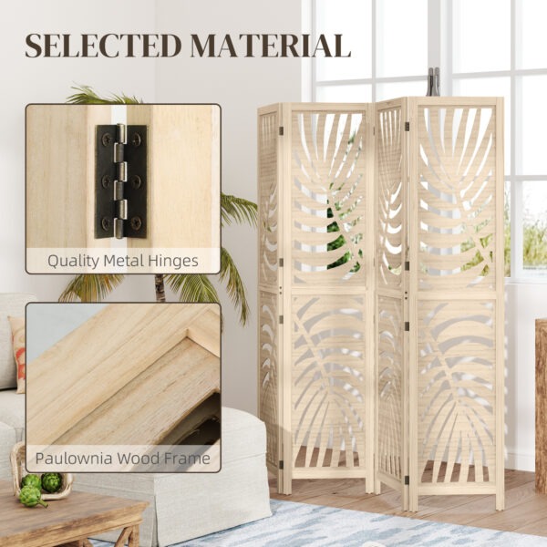 KQZe3c19491e47a89.jpg 4 Panel Room Divider, Detachable Folding Privacy Screens with Palm Leaf Design for Home Office, Natural Wood Finish