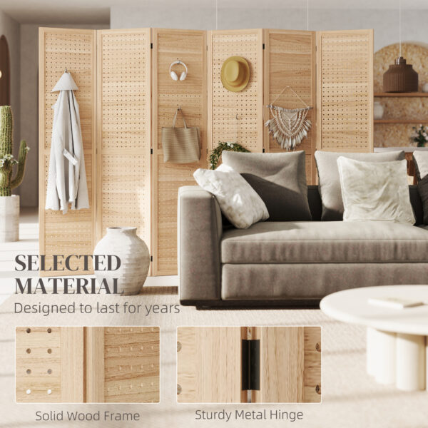 5.6 Ft. Tall 6-Panel Room Divider, Pegboard Panel Freestanding Folding Privacy Screen Panels, Partition Wall Divider for Indoor Bedroom Office, Natural