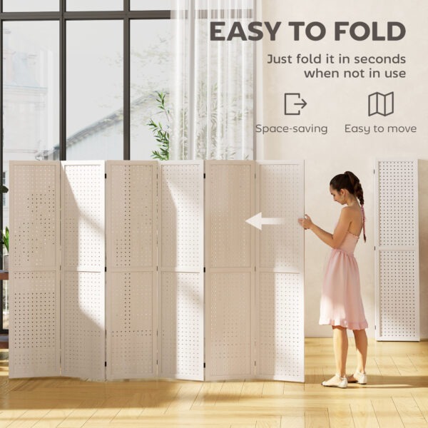 5.6 Ft. Tall 6-Panel Room Divider, Pegboard Panel Folding Privacy Screen, Partition Wall Divider for Bedroom, White