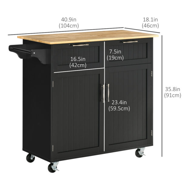 Rolling Kitchen Island, Kitchen Cart on Wheels with 2 Storage Drawers, 2 Door Cabinets and Towel Rack for Dining Room (Black, 2-Doors)