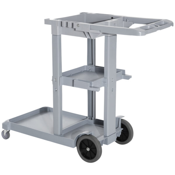 Janitorial Cart with 3 Shelves, Cleaning Cart on Wheels with Rubbish Bag and Mop Holders for Hotel, Housekeeping, Grey