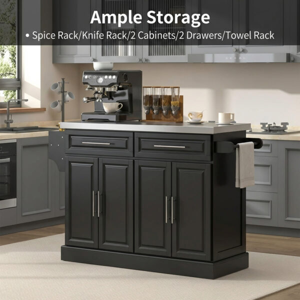 Rolling Kitchen Island with Storage and Stainless Steel Top, Kitchen Trolley with Drawers, Cabinets, Towel Rack