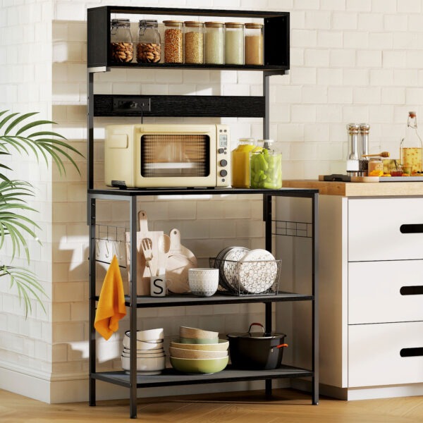 Baker's Rack with Charing Station, Microwave Shelf with Power Outlet, USB Charger and 5 Hooks, Black