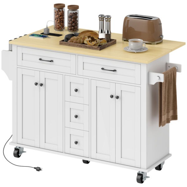 LIz88d19b9ee10c86.jpg Kitchen Island Cart with Power Outlet & Drop Leaf, 55" Rolling Kitchen Island on Wheels with Storage, White