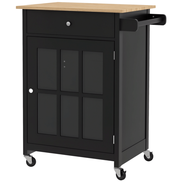 LWh41919745fc51e6.png Rolling Kitchen Cart with Drawer and Glass Door Cabinet, Kitchen Island on Wheels with Towel Rack, Black