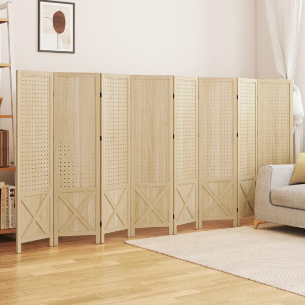 Wooden Room Divider with Pegboard Display, 8 Panel Folding Privacy Screen for Home Office, Natural Wood